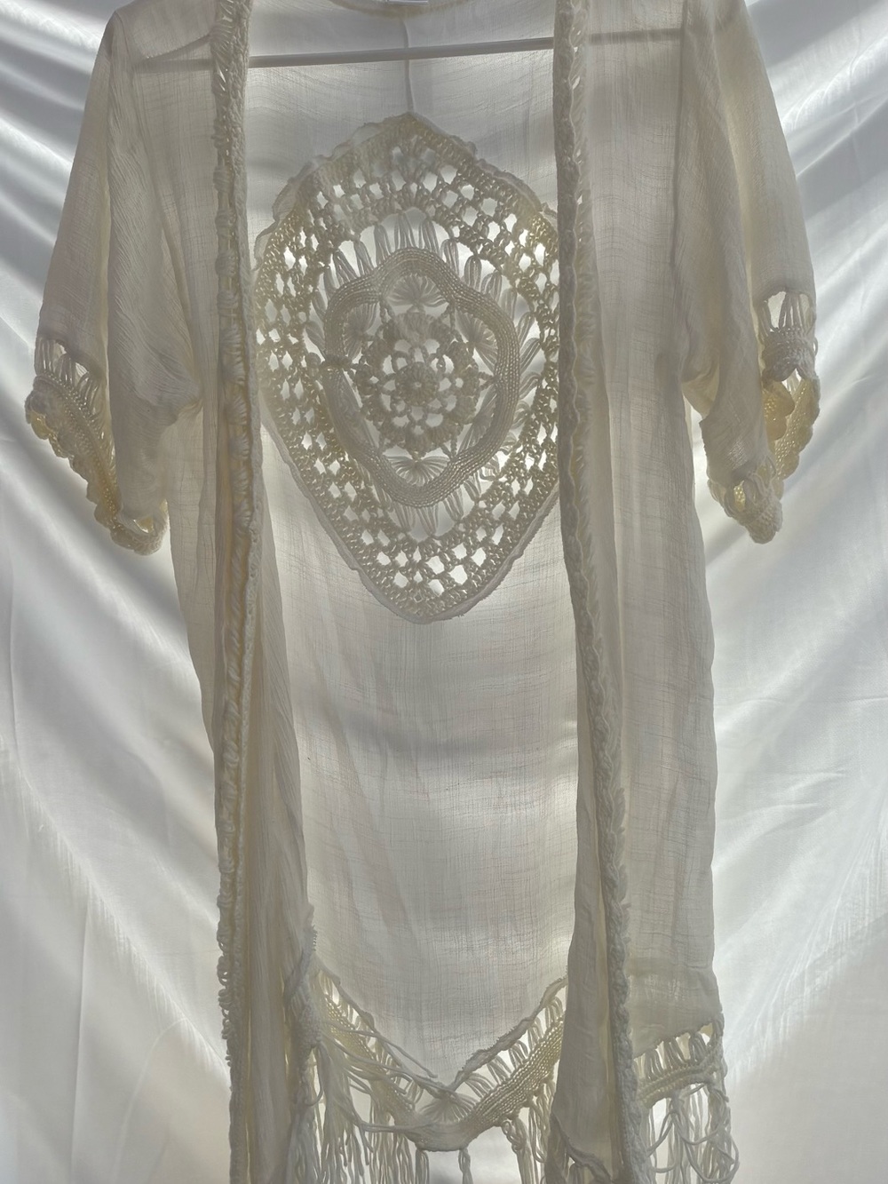 Boho Crochet-Trim Open Front Cardigan - Cream